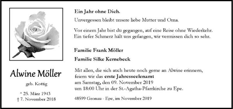  Traueranzeige für Alwine Möller vom 07.11.2019 aus Westfälische Nachrichten