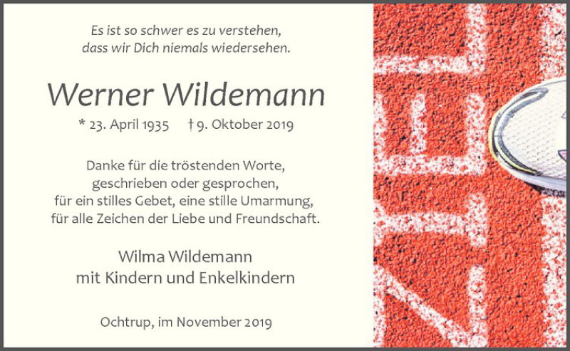  Traueranzeige für Werner Wildemann vom 06.11.2019 aus Westfälische Nachrichten