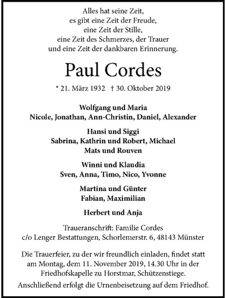  Traueranzeige für Paul Cordes vom 06.11.2019 aus Westfälische Nachrichten