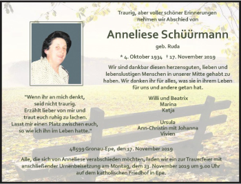 Anzeige von Anneliese Schüürmann von Westfälische Nachrichten