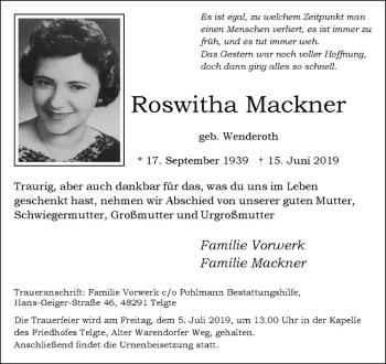 Anzeige von Roswitha Mackner von Westfälische Nachrichten