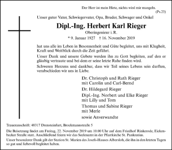 Anzeige von Herbert Karl Rieger von Westfälische Nachrichten
