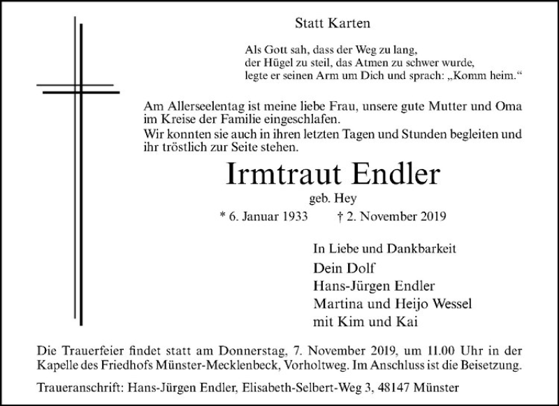  Traueranzeige für Irmtraut Endler vom 05.11.2019 aus Westfälische Nachrichten