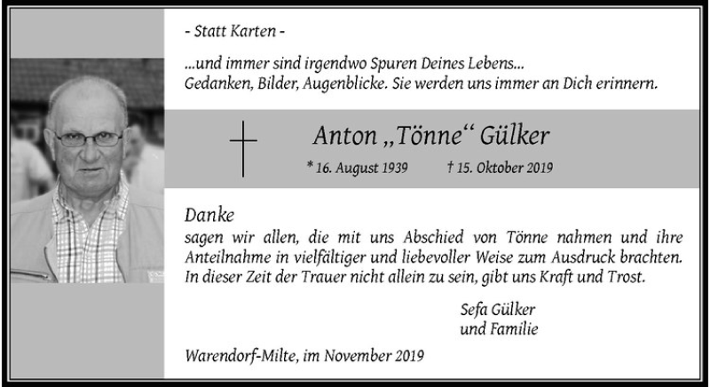  Traueranzeige für Anton Gülker vom 23.11.2019 aus Westfälische Nachrichten