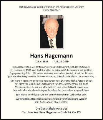 Anzeige von Hans Hagemann von Westfälische Nachrichten