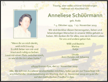Anzeige von Anneliese Schüürmann von Westfälische Nachrichten