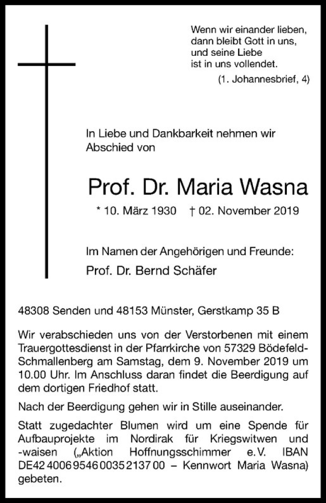  Traueranzeige für Maria Wasna vom 06.11.2019 aus Westfälische Nachrichten