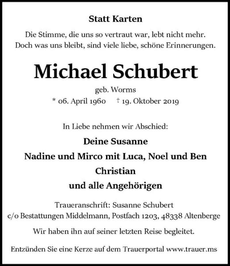  Traueranzeige für Michael Schubert vom 06.11.2019 aus Westfälische Nachrichten