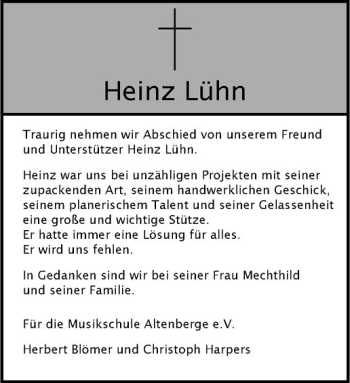 Anzeige von Heinz Lühn von Westfälische Nachrichten