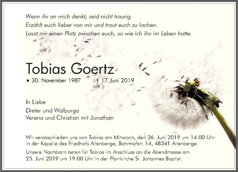  Traueranzeige für Tobias Goertz vom 21.06.2019 aus Westfälische Nachrichten