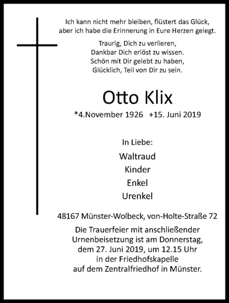  Traueranzeige für Otto Klix vom 21.06.2019 aus Westfälische Nachrichten