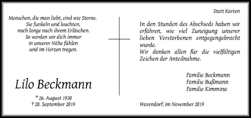  Traueranzeige für Lilo Beckmann vom 16.11.2019 aus Westfälische Nachrichten
