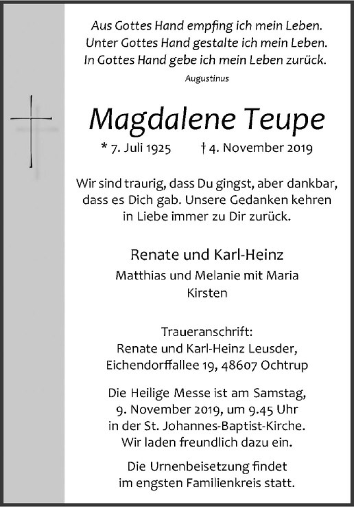  Traueranzeige für Magdalene Teupe vom 06.11.2019 aus Westfälische Nachrichten
