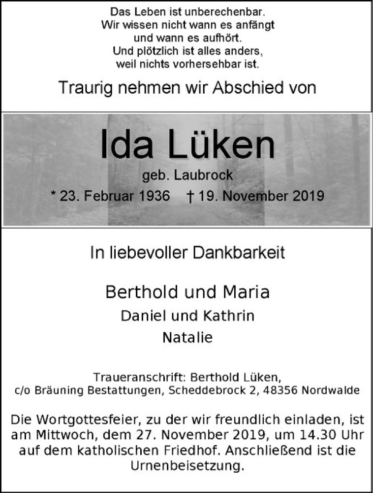  Traueranzeige für Ida Lüken vom 23.11.2019 aus Westfälische Nachrichten
