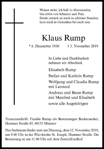 Anzeige von Klaus Rump von Westfälische Nachrichten