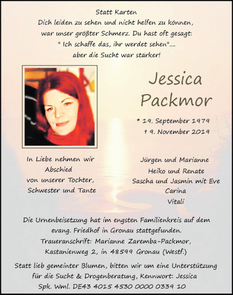  Traueranzeige für Jessica Packmor vom 23.11.2019 aus Westfälische Nachrichten