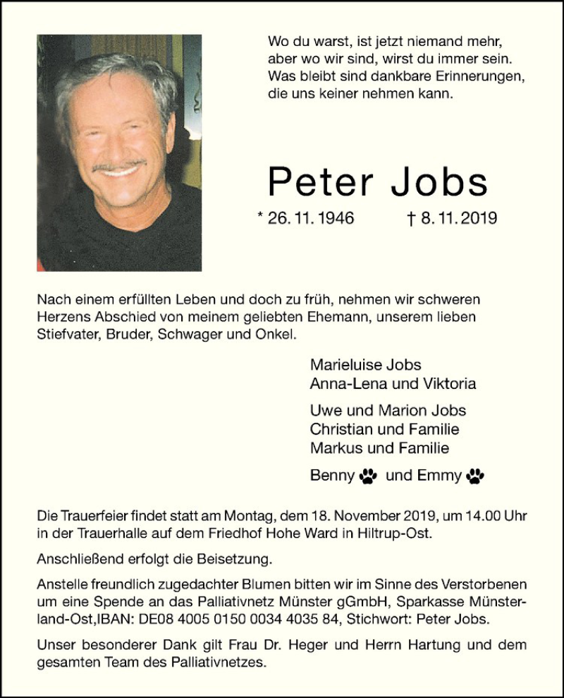  Traueranzeige für Peter Jobs vom 13.11.2019 aus Westfälische Nachrichten