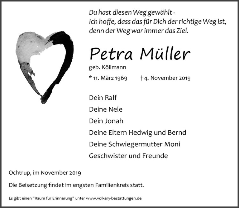  Traueranzeige für Petra Müller vom 11.11.2019 aus Westfälische Nachrichten