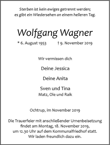 Anzeige von Wolfgang Wagner von Westfälische Nachrichten