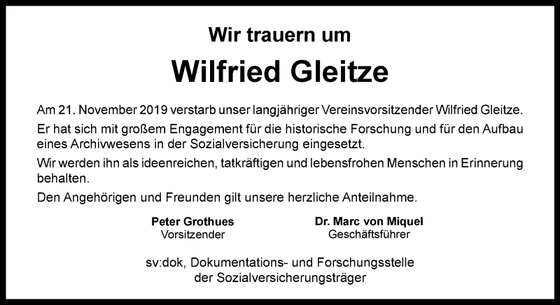  Traueranzeige für Wilfried Gleitze vom 27.11.2019 aus 