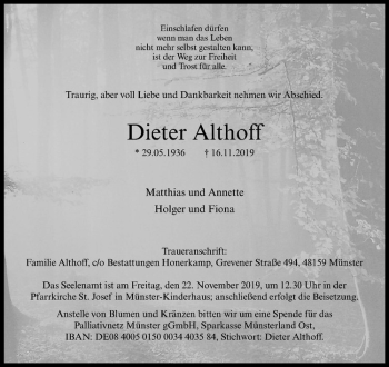 Anzeige von Dieter Althoff von Westfälische Nachrichten
