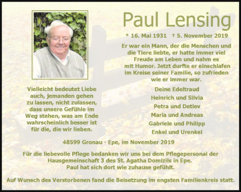 Anzeige von Paul Lensing von Westfälische Nachrichten