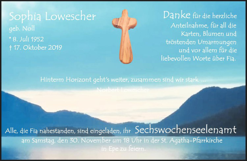  Traueranzeige für Sophia Lowescher vom 27.11.2019 aus Westfälische Nachrichten