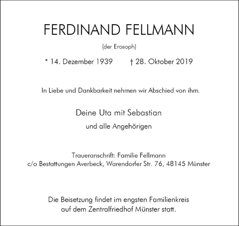  Traueranzeige für Ferdinand Fellmann vom 02.11.2019 aus Westfälische Nachrichten