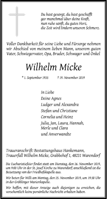 Anzeige von Wilhelm Micke von Westfälische Nachrichten