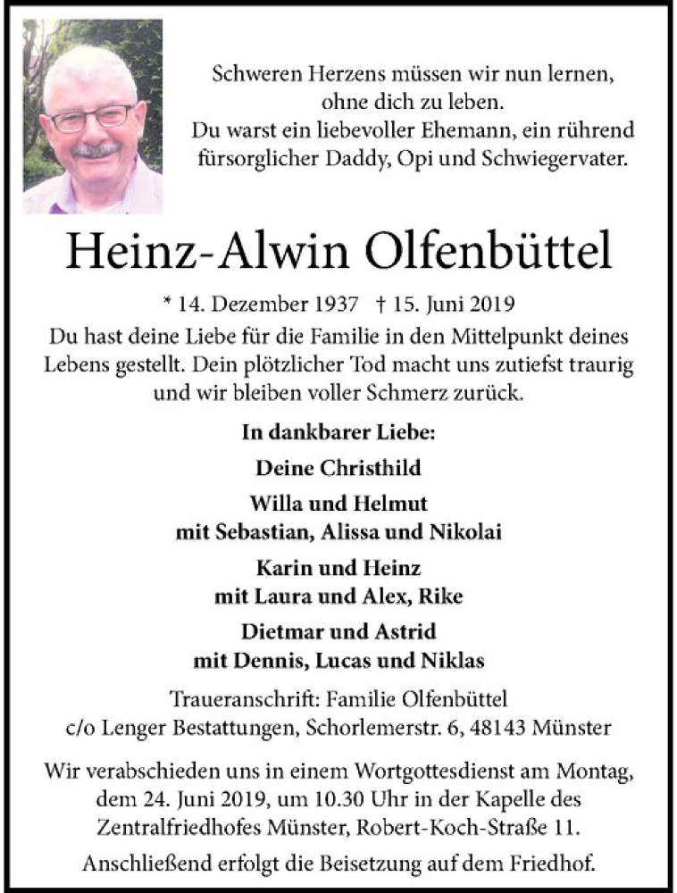  Traueranzeige für Heinz-Alwin Olfenbüttel vom 21.06.2019 aus Westfälische Nachrichten