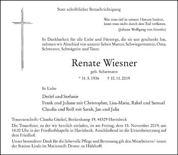 Anzeige von Renate Wiesner von Westfälische Nachrichten