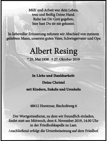 Anzeige von Albert Resing von Westfälische Nachrichten