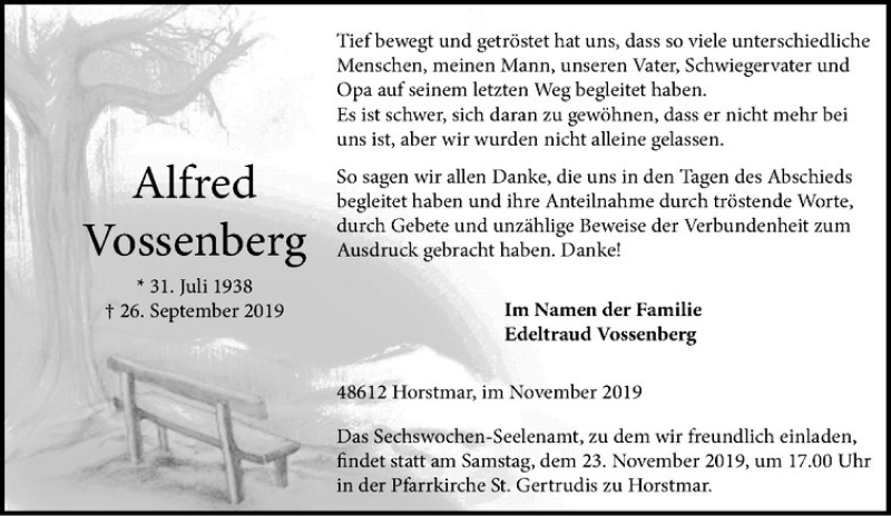  Traueranzeige für Alfred Vossenberg vom 16.11.2019 aus Westfälische Nachrichten