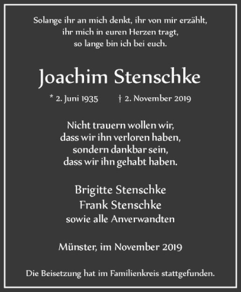 Anzeige von Joachim Stensche von Westfälische Nachrichten