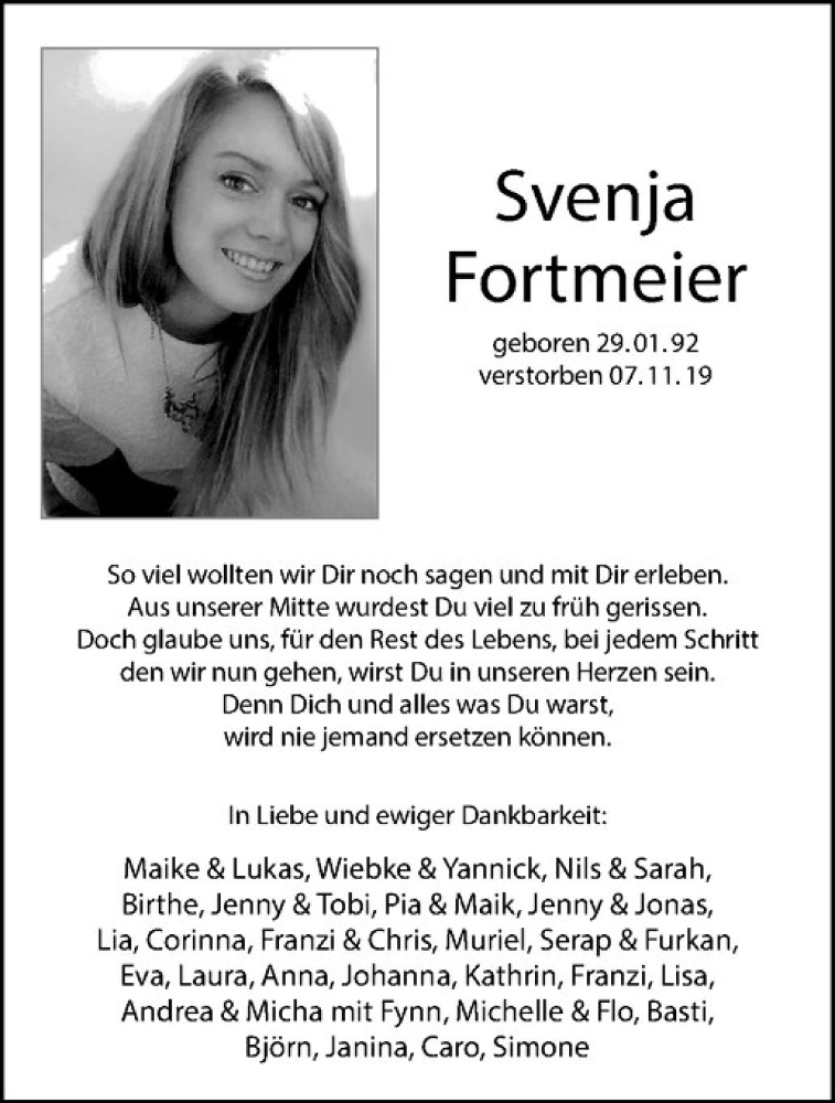  Traueranzeige für Svenja Fortmeier vom 13.11.2019 aus Westfälische Nachrichten