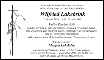 Anzeige von Wilfried Lakenbrink von Westfälische Nachrichten