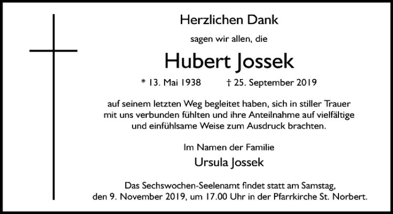  Traueranzeige für Hubert Jossek vom 04.11.2019 aus Westfälische Nachrichten