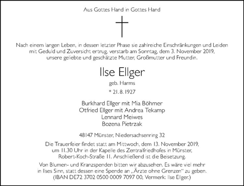  Traueranzeige für Ilse Ellger vom 08.11.2019 aus Westfälische Nachrichten