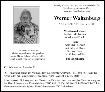 Anzeige von Werner Waltenburg von Westfälische Nachrichten
