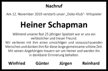 Anzeige von Heiner Schapmann von Westfälische Nachrichten