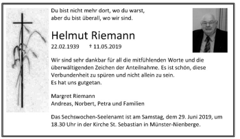 Anzeige von Helmut Riemann von Westfälische Nachrichten