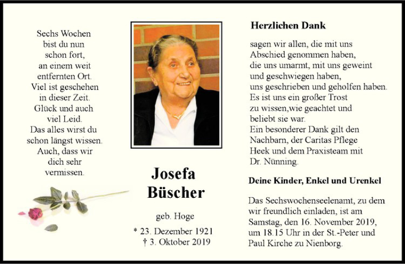  Traueranzeige für Josefa Büscher vom 13.11.2019 aus Westfälische Nachrichten