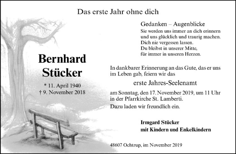  Traueranzeige für Bernhard Stücker vom 12.11.2019 aus Westfälische Nachrichten