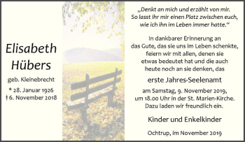 Anzeige von Elisabeth Hübers von Westfälische Nachrichten