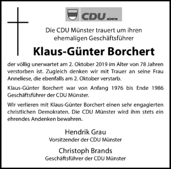 Anzeige von Klaus-Günter Borchert von Westfälische Nachrichten