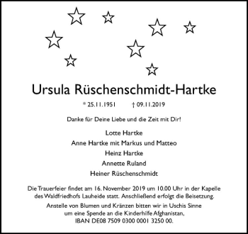 Anzeige von Ursula Rüschenschmidt-Hartke von Westfälische Nachrichten