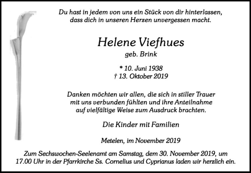  Traueranzeige für Helene Viefhues vom 28.11.2019 aus Westfälische Nachrichten