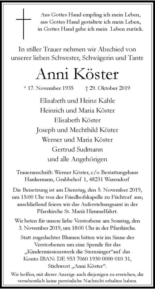  Traueranzeige für Anni Köster vom 02.11.2019 aus Westfälische Nachrichten