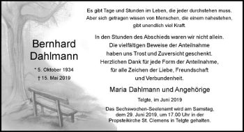 Anzeige von Bernhard Dahlmann von Westfälische Nachrichten