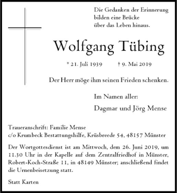 Anzeige von Wolfgang Tübing von Westfälische Nachrichten